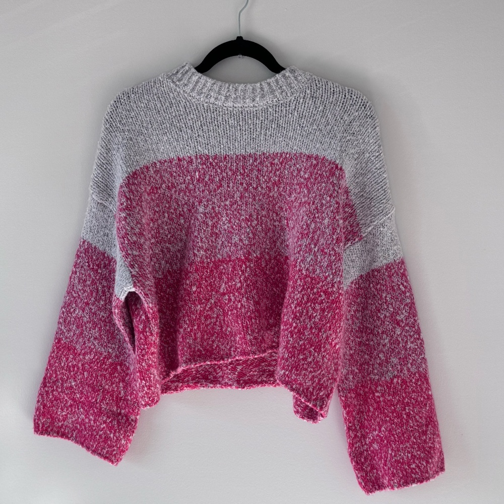 Sincerely Jules Grey and Pink Color Block Knit Sweater, Boho Bell Sleeve